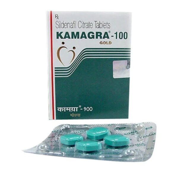 Kamagra Gold 100 sildenafil citrate 100 mg tablets box and blister strip by Ajanta Pharma