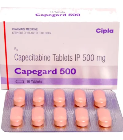 Capegard 500 capecitabine 500 mg tablets by Cipla, box and blister strip