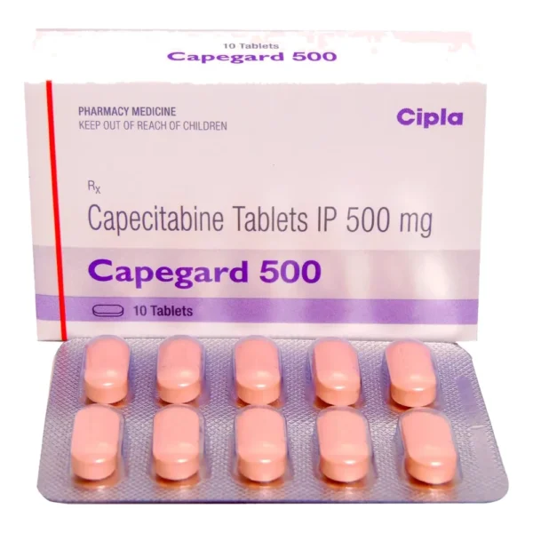 Capegard 500 capecitabine 500 mg tablets by Cipla, box and blister strip