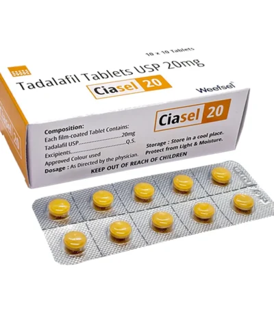 Ciasel 20 tadalafil 20 mg tablets, box and blister strip