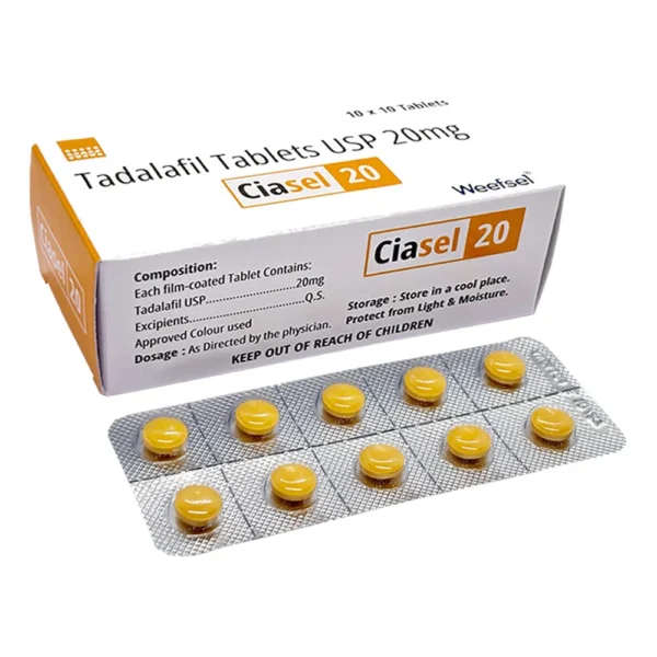 Ciasel 20 tadalafil 20 mg tablets, box and blister strip