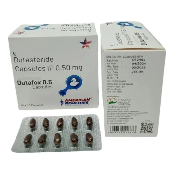 Dutafox 0.5 dutasteride 0.5 mg capsules by American Remedies, box and blister