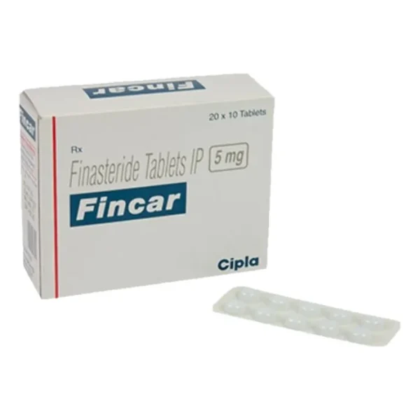 Fincar 5 mg finasteride 5 mg tablets by Cipla, box and blister strip