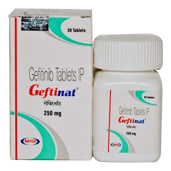 Geftinat 250 gefitinib 250 mg tablets by Natco, box and bottle