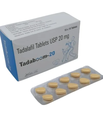 Tadaboom 20 tadalafil 20 mg tablets, box and blister strip