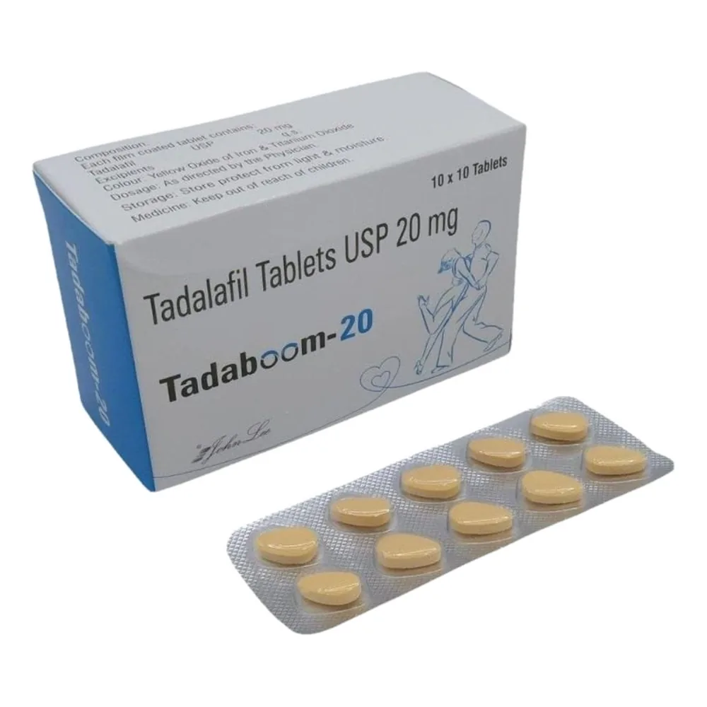 Tadaboom 20 – Tadalafil 20 mg Tablets Tadaboom 20 tadalafil 20 mg tablets, box and blister strip
