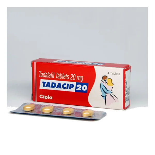 Tadacip 20 tadalafil 20 mg tablets by Cipla, box and blister strip