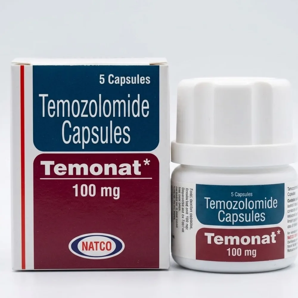 Temonat 100 – Temozolomide 100 mg Capsules by Natco Temonat 100 temozolomide 100 mg capsules by Natco, box and bottle