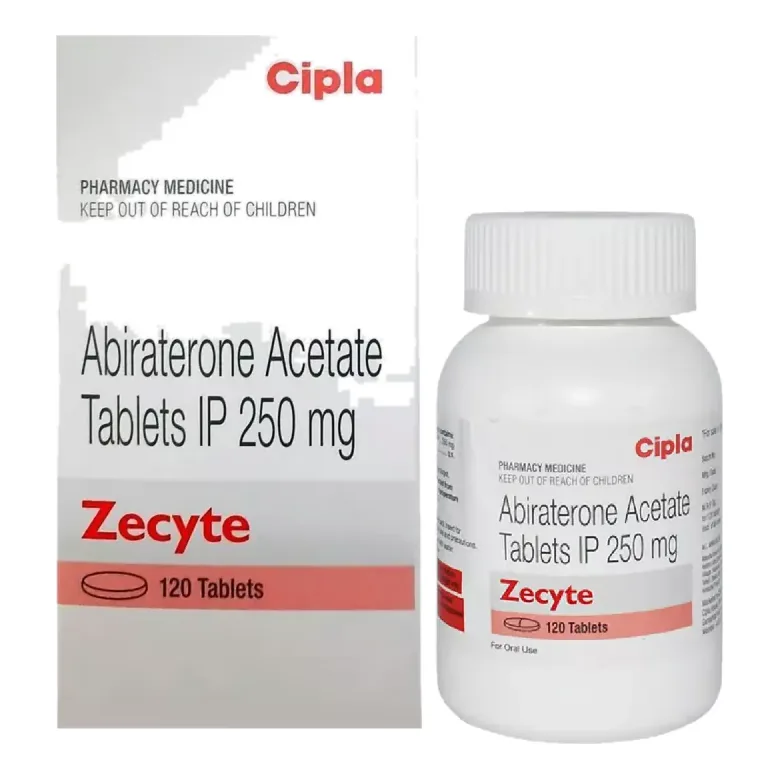 Zecyte 250 – Abiraterone Acetate 250 mg Tablets by Cipla Zecyte 250 abiraterone acetate 250 mg tablets by Cipla, box and bottle